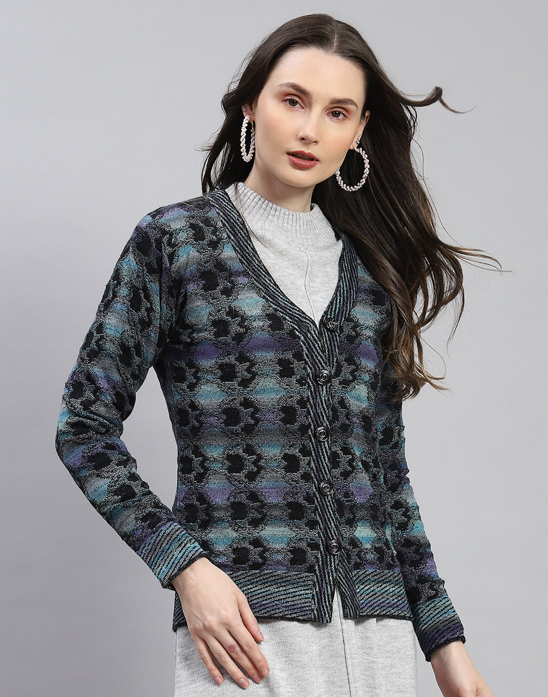 Women Blue Self Design V Neck Full Sleeve Cardigan