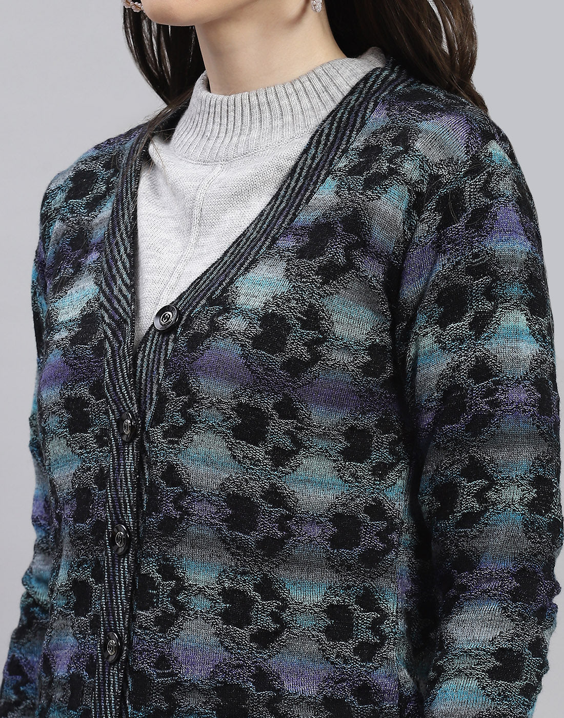 Women Blue Self Design V Neck Full Sleeve Cardigan