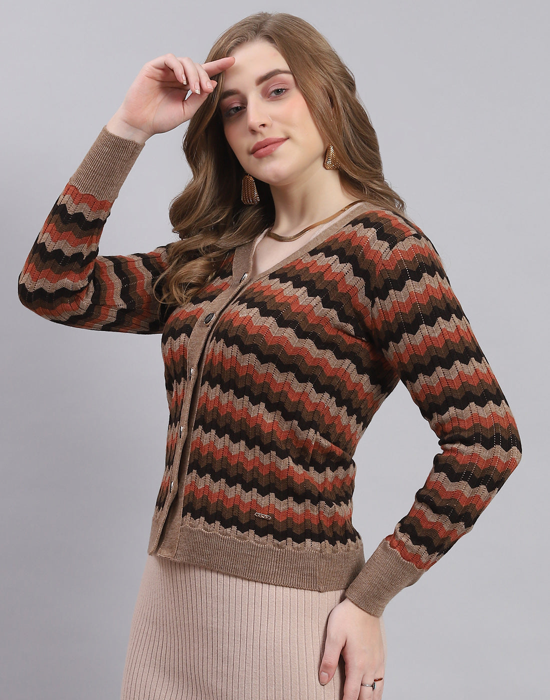 Women Brown Self Design V Neck Full Sleeve Sweater