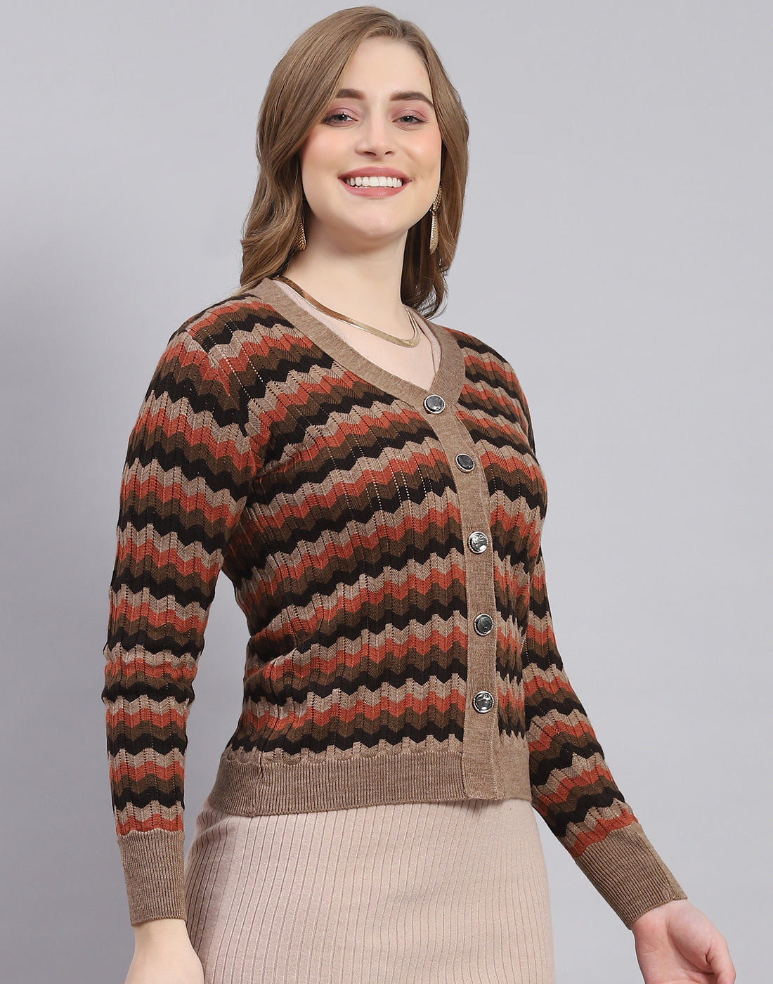 Women Brown Self Design V Neck Full Sleeve Sweater