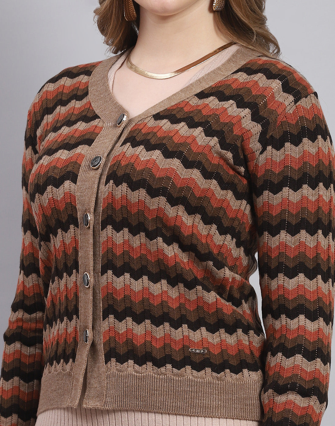 Women Brown Self Design V Neck Full Sleeve Sweater