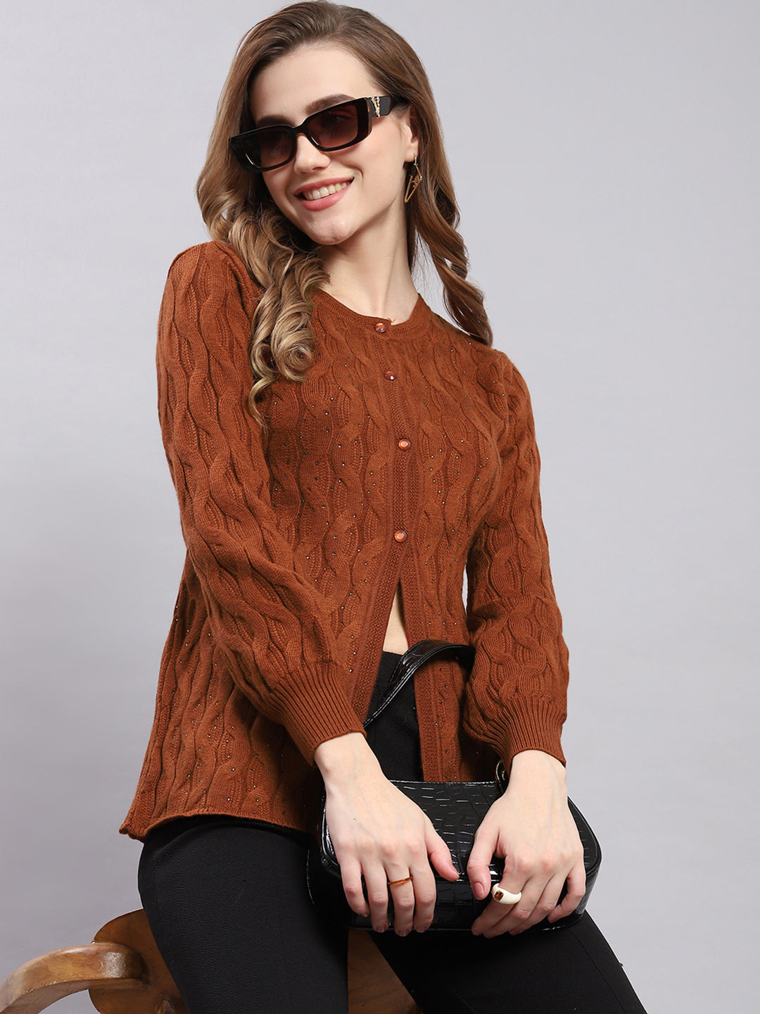 Women Brown Self Design Round Neck Full Sleeve Cardigans