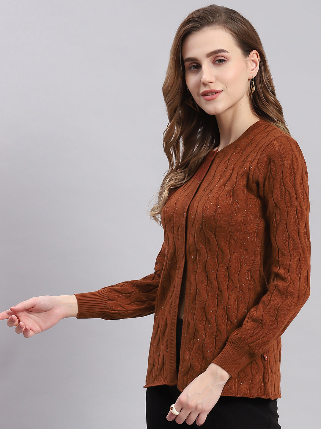 Women Brown Self Design Round Neck Full Sleeve Cardigans