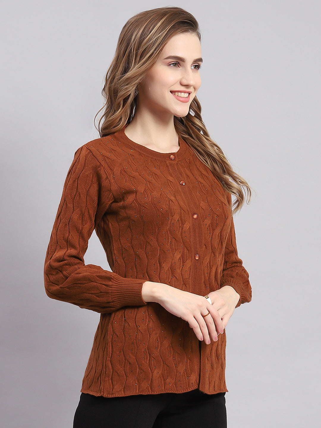 Women Brown Self Design Round Neck Full Sleeve Cardigans