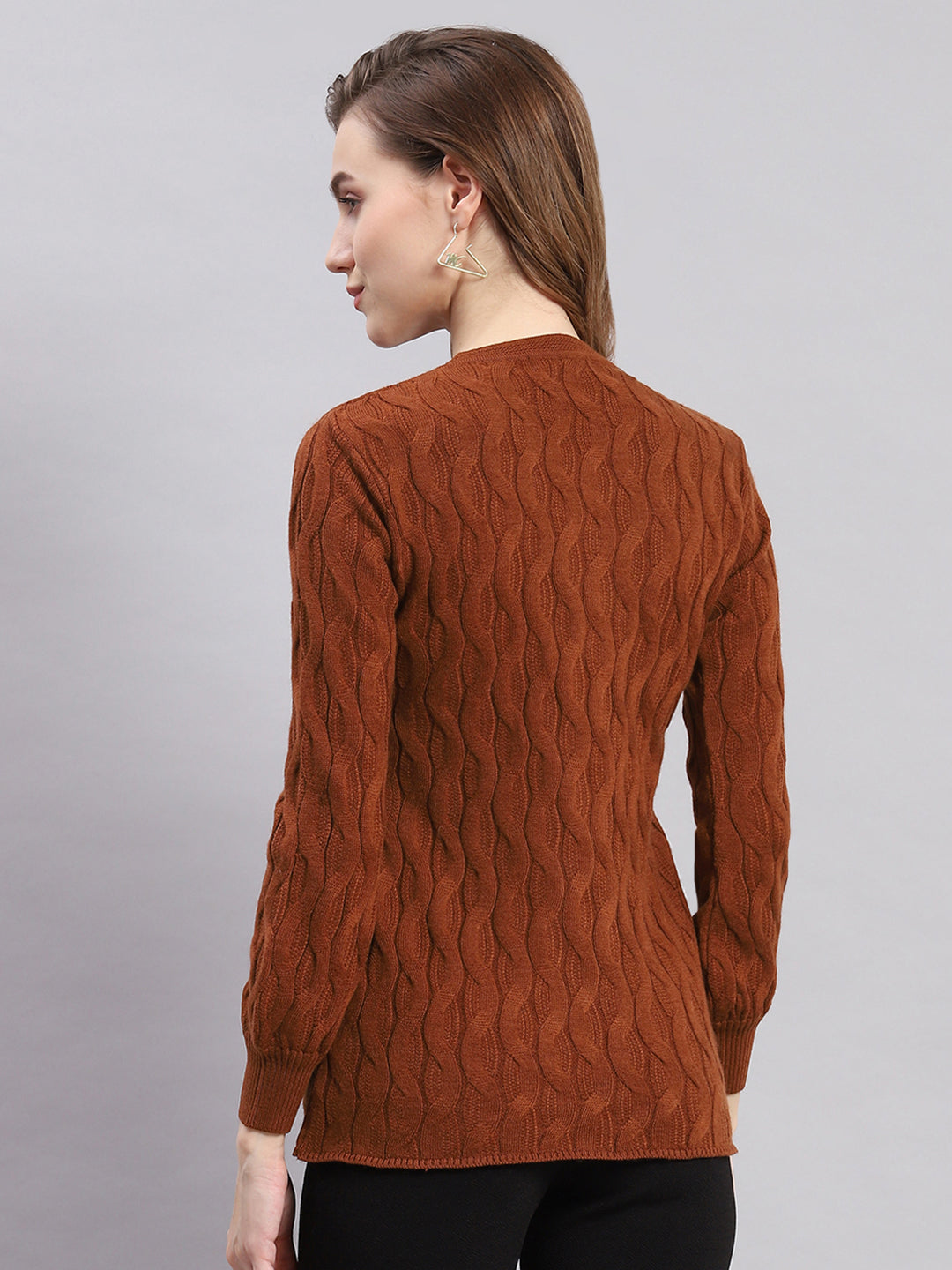 Women Brown Self Design Round Neck Full Sleeve Cardigans