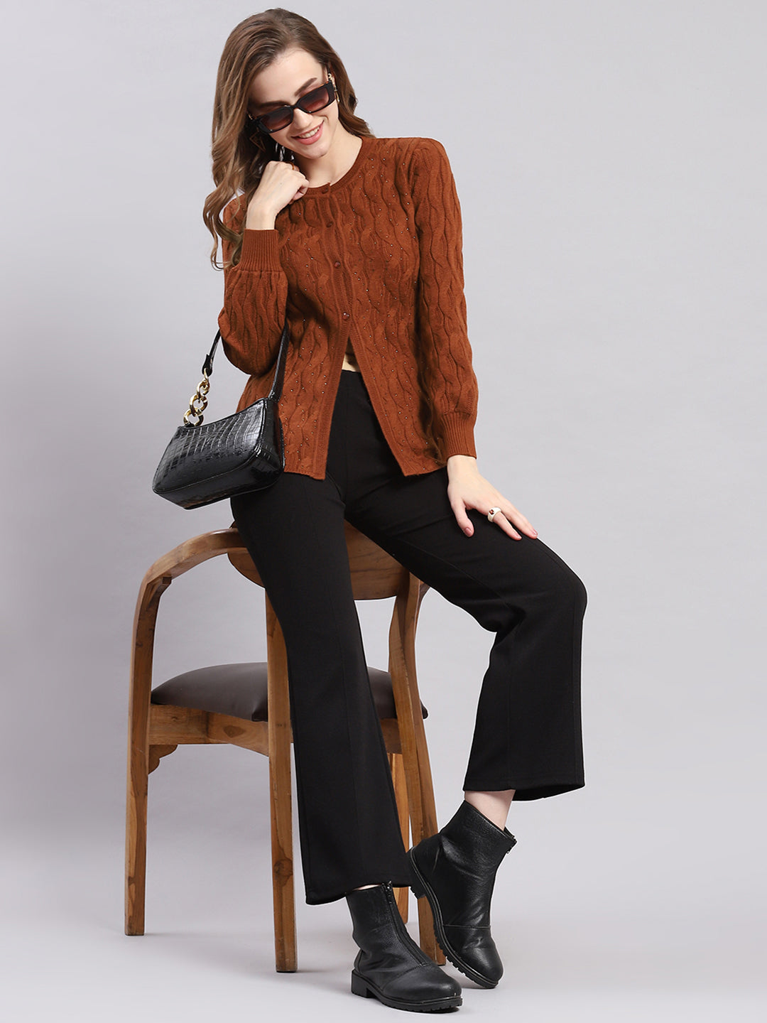 Women Brown Self Design Round Neck Full Sleeve Cardigans