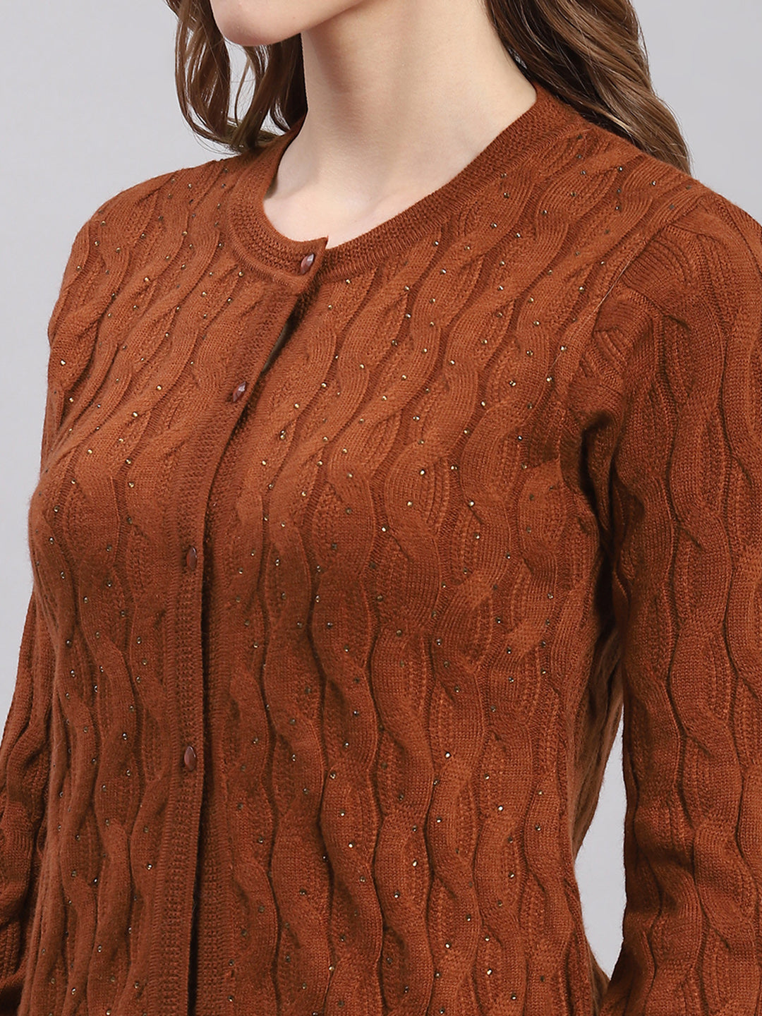 Women Brown Self Design Round Neck Full Sleeve Cardigans