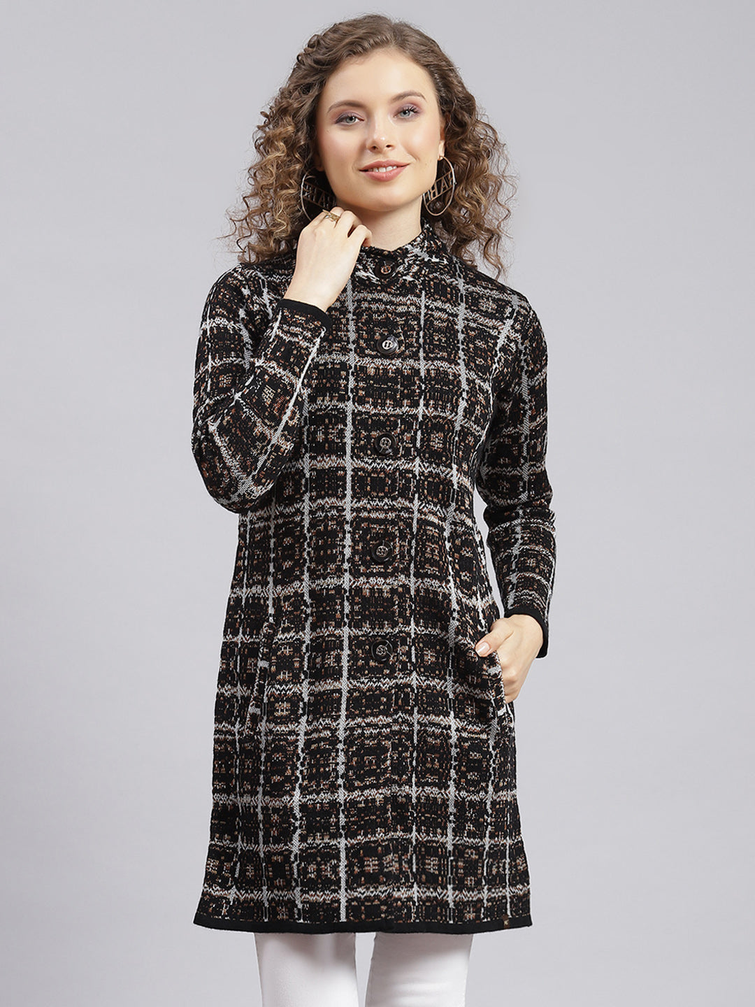 Women Black Jaquard Wool blend Knitted Coat