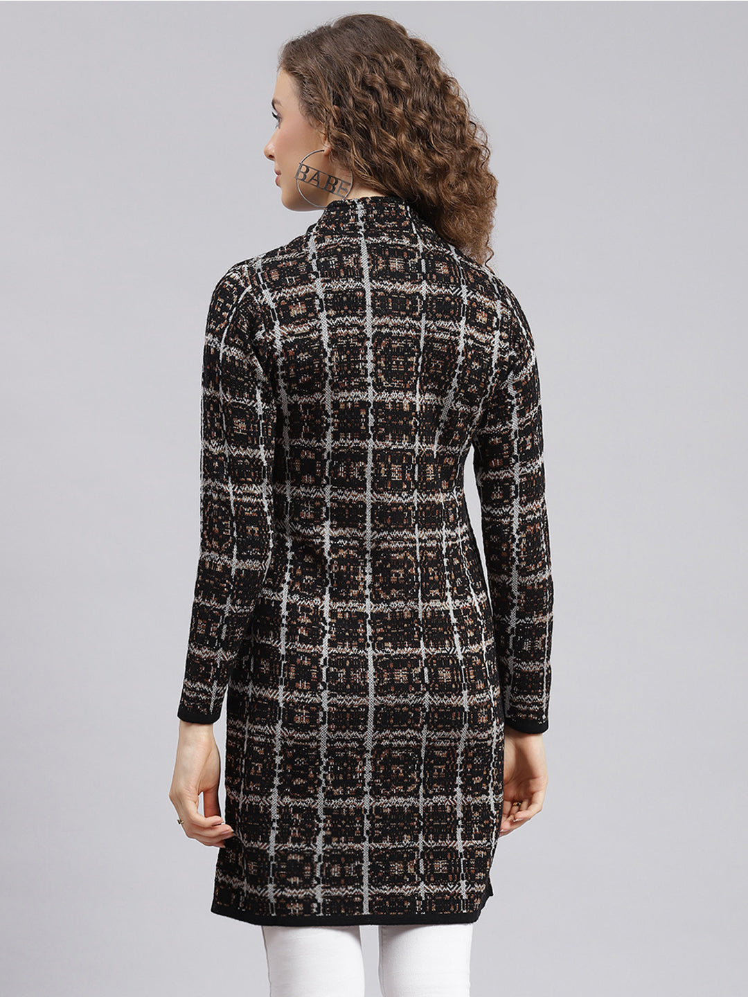 Women Black Jaquard Wool blend Knitted Coat