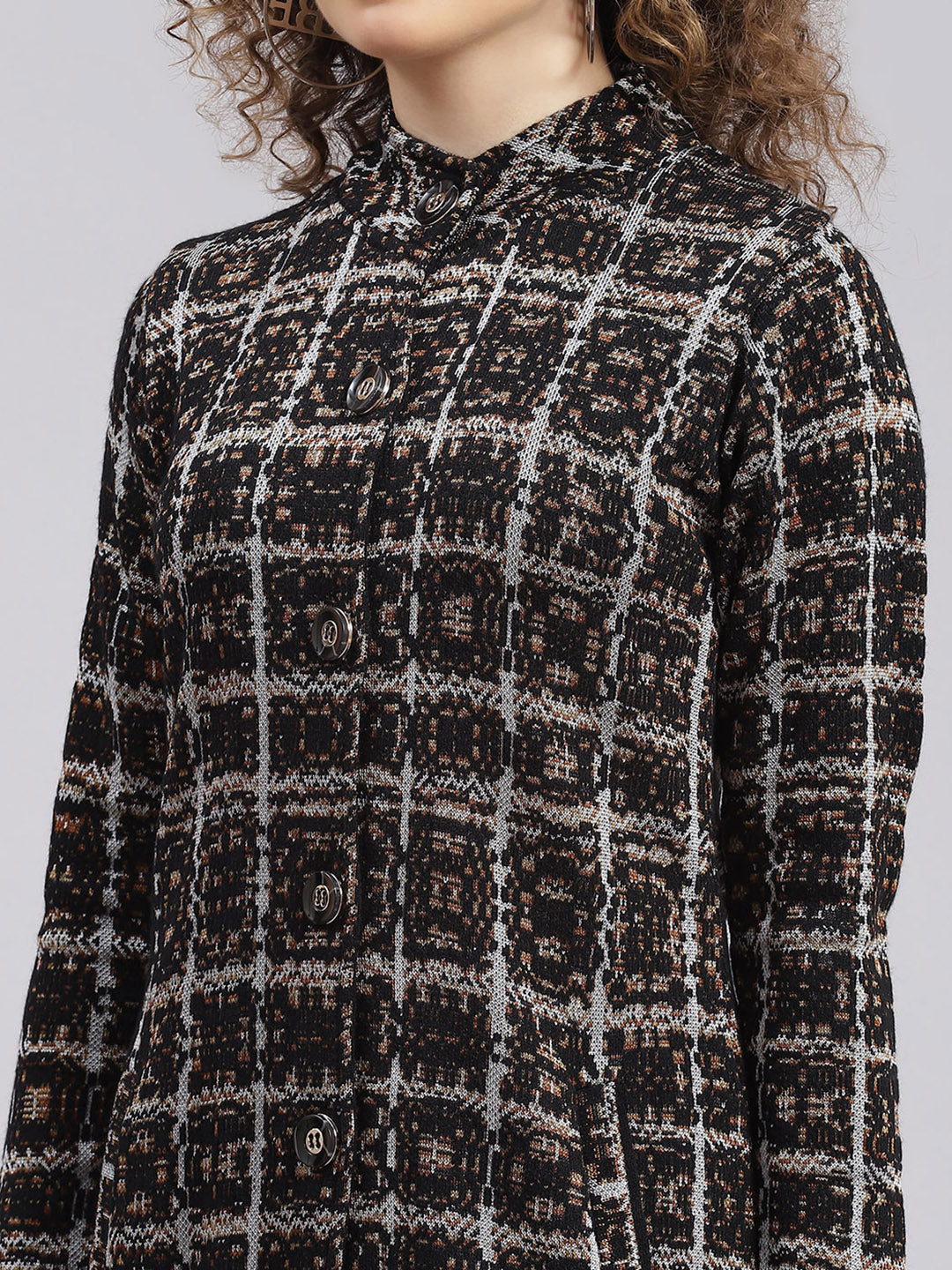 Women Black Jaquard Wool blend Knitted Coat