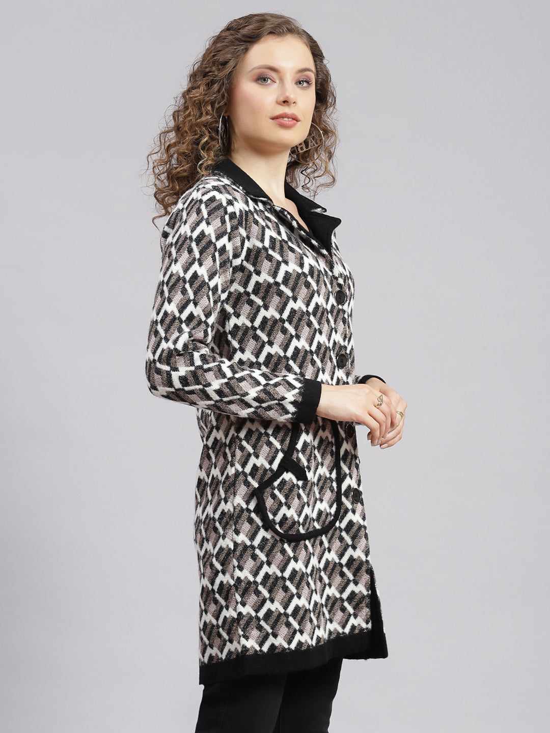 Women Black Jaquard Wool blend Knitted Coat