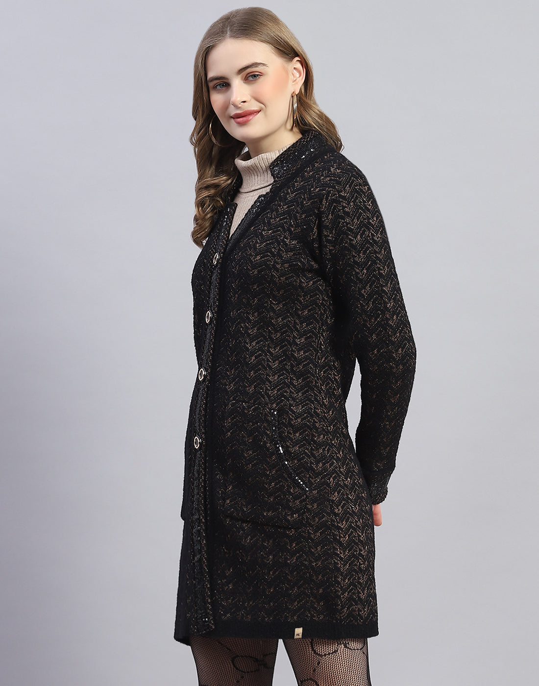 Women Black Jaquard V Neck Full Sleeve Cardigan