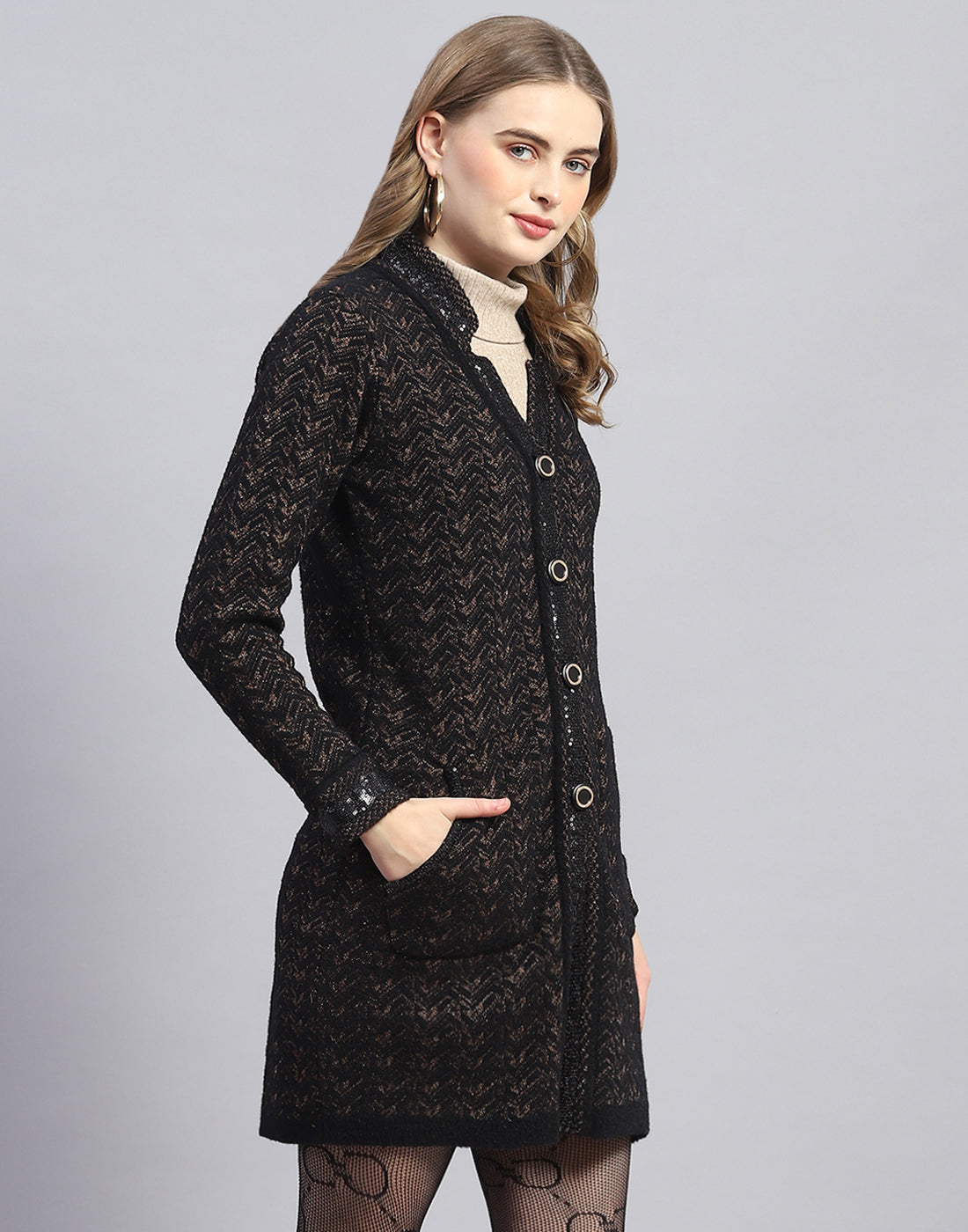 Women Black Jaquard V Neck Full Sleeve Cardigan