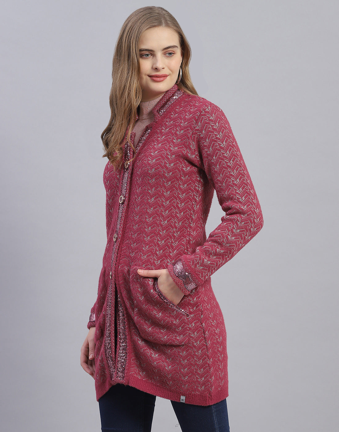 Women Pink Jaquard V Neck Full Sleeve Cardigan