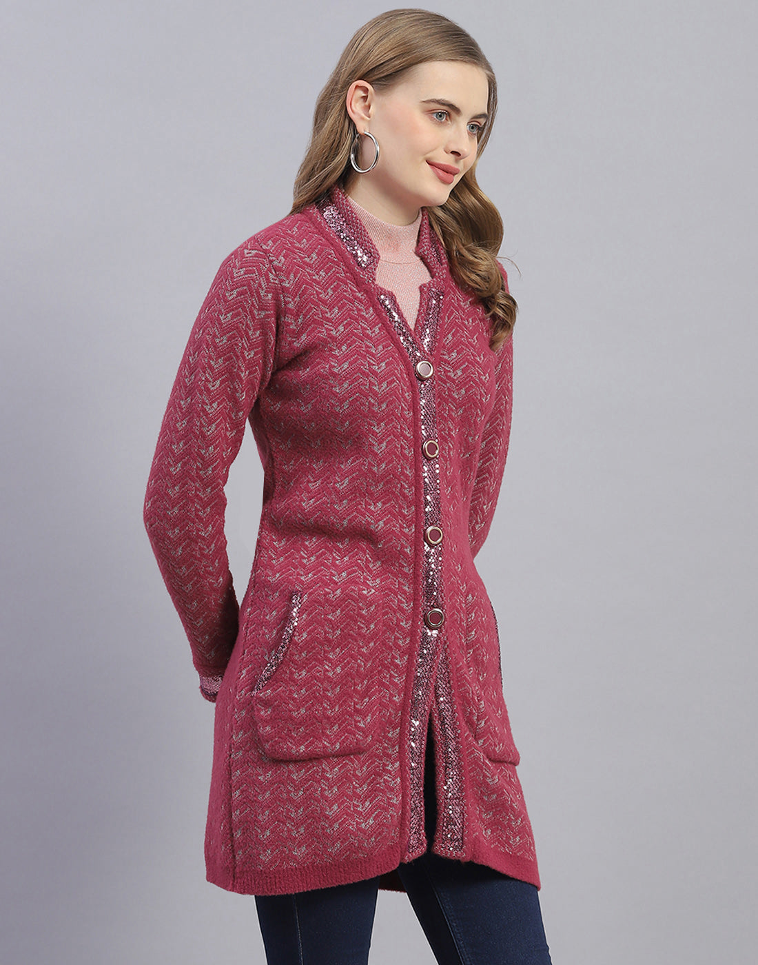 Women Pink Jaquard V Neck Full Sleeve Cardigan