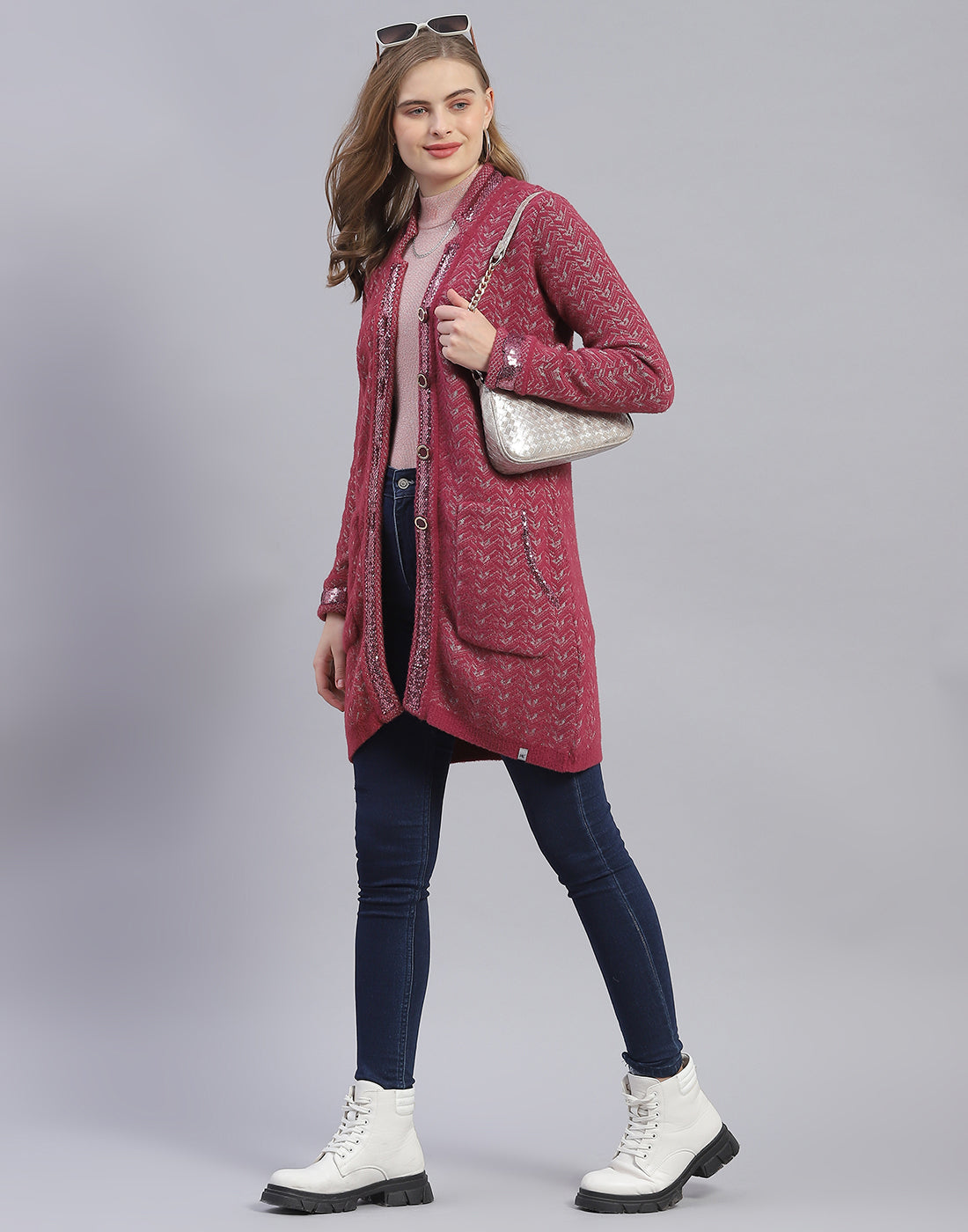 Women Pink Jaquard V Neck Full Sleeve Cardigan