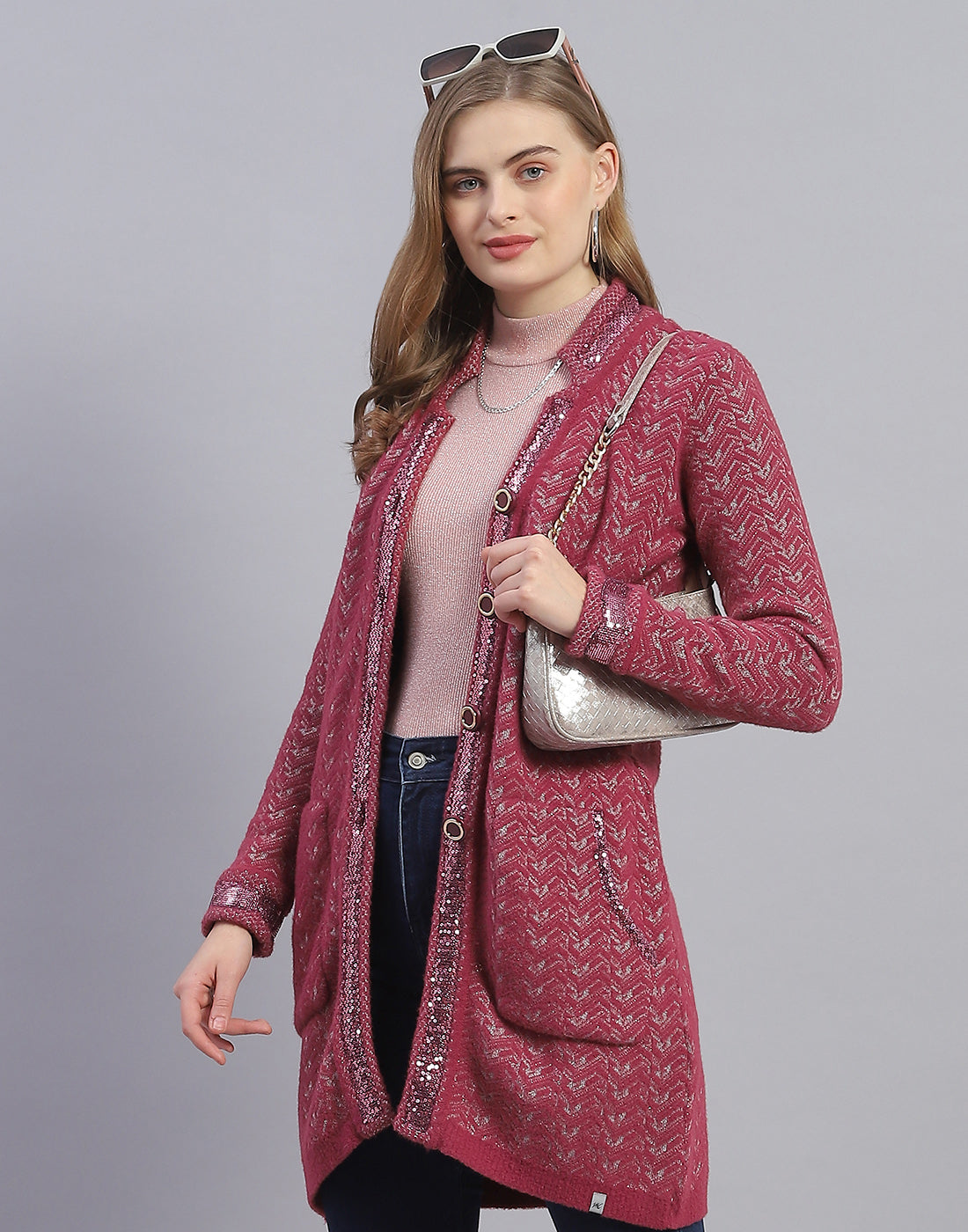 Women Pink Jaquard V Neck Full Sleeve Cardigan