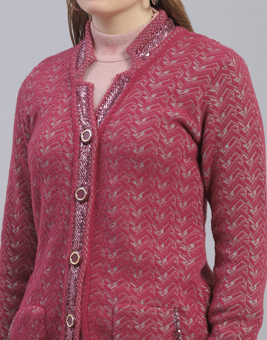 Women Pink Jaquard V Neck Full Sleeve Cardigan