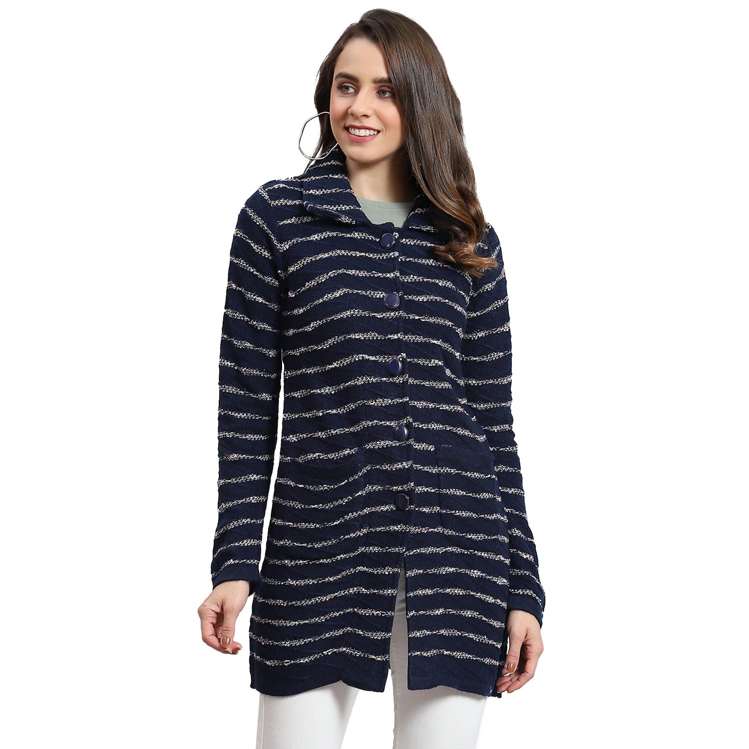 Women Navy Blue Stripe Collar Full Sleeve Cardigan