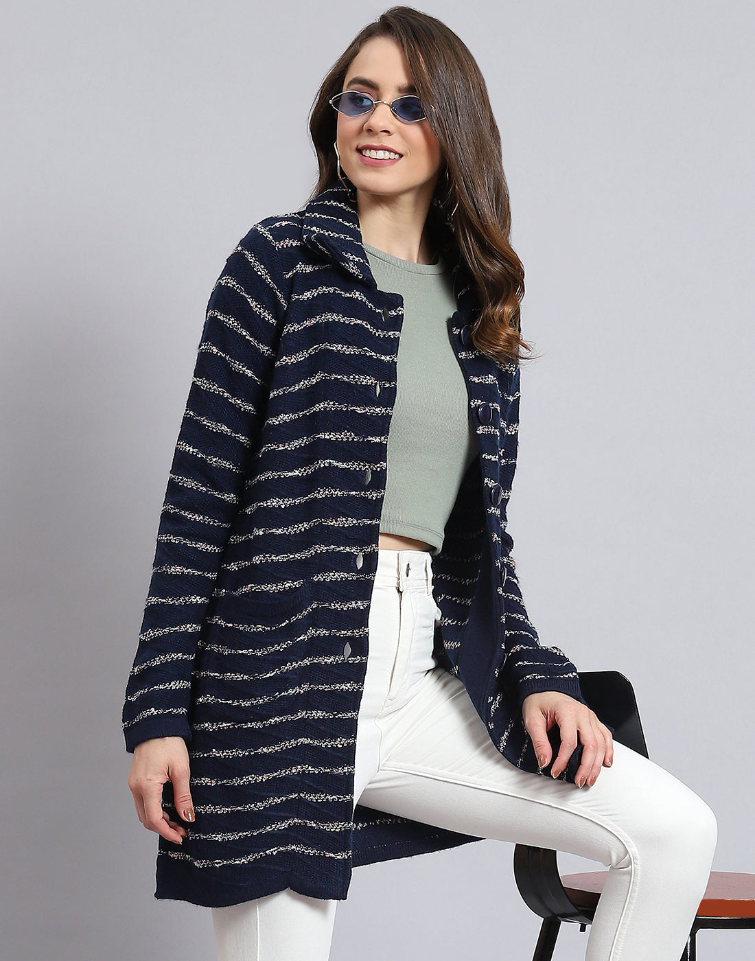 Women Navy Blue Stripe Collar Full Sleeve Cardigan