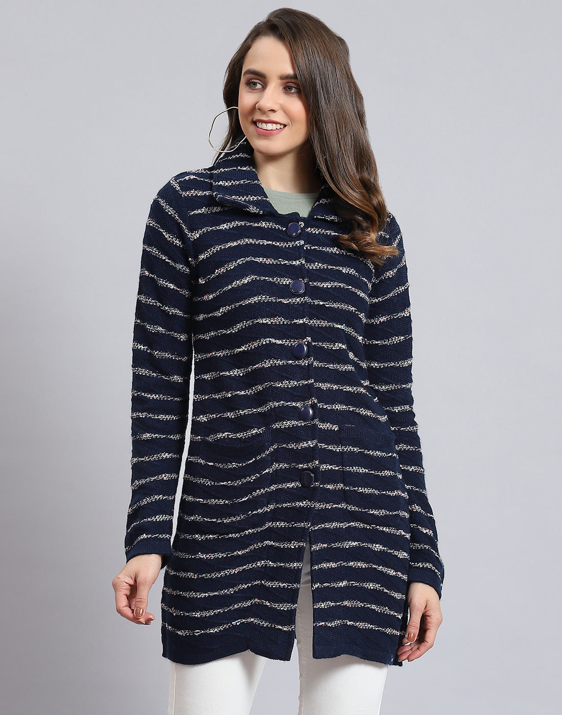 Women Navy Blue Stripe Collar Full Sleeve Cardigan