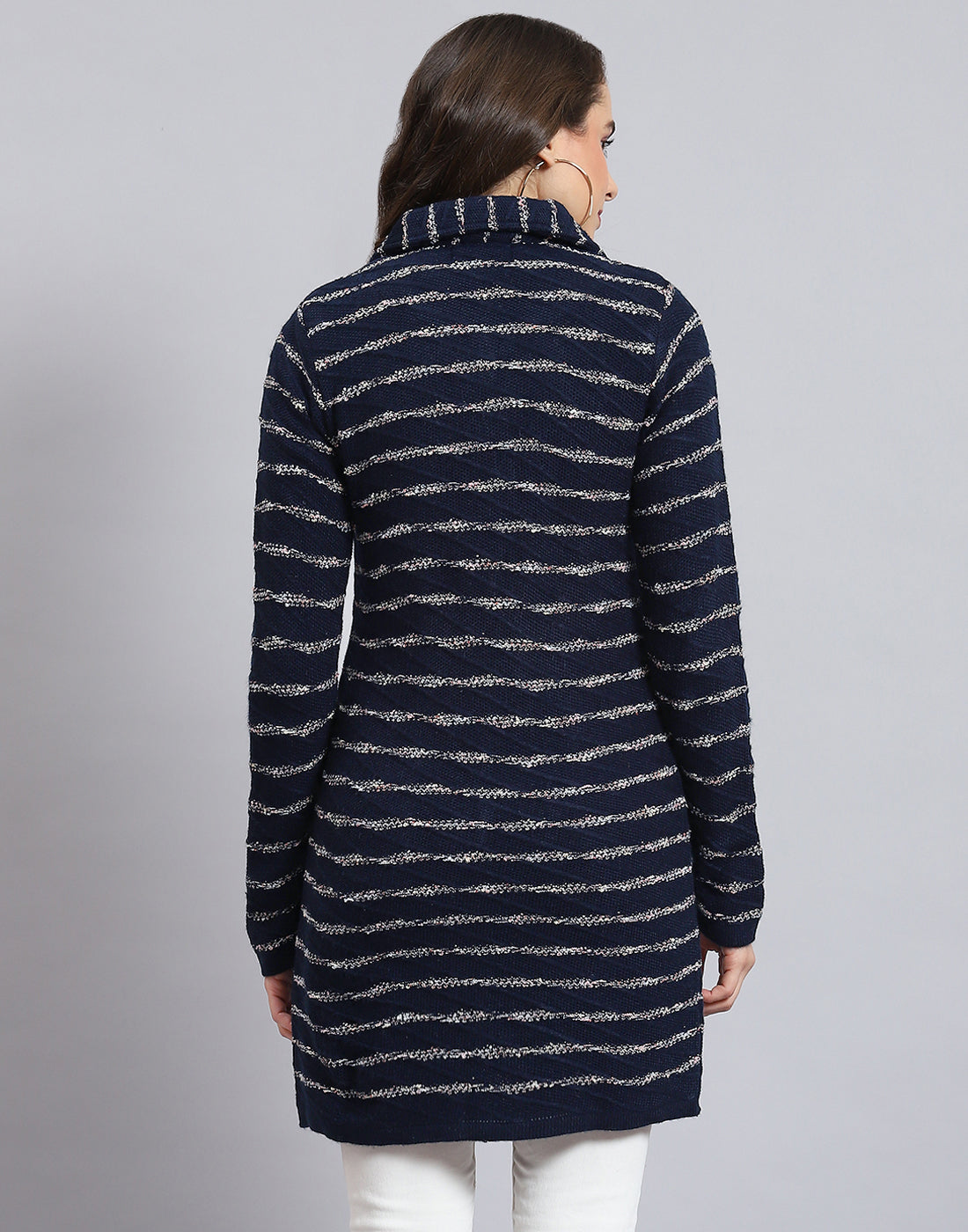 Women Navy Blue Stripe Collar Full Sleeve Cardigan