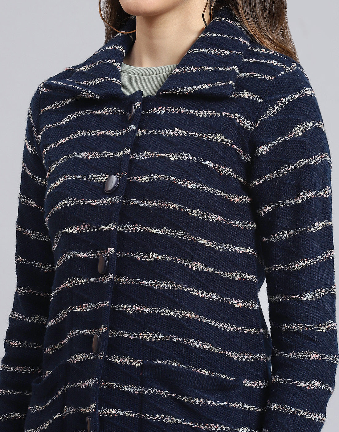 Women Navy Blue Stripe Collar Full Sleeve Cardigan