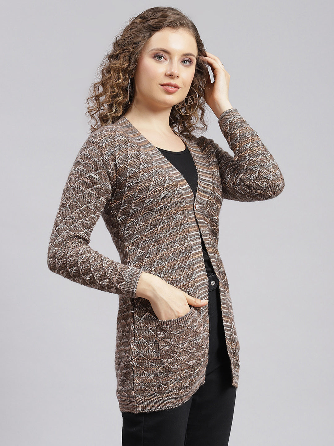 Women Brown Jaquard Wool blend Cardigan