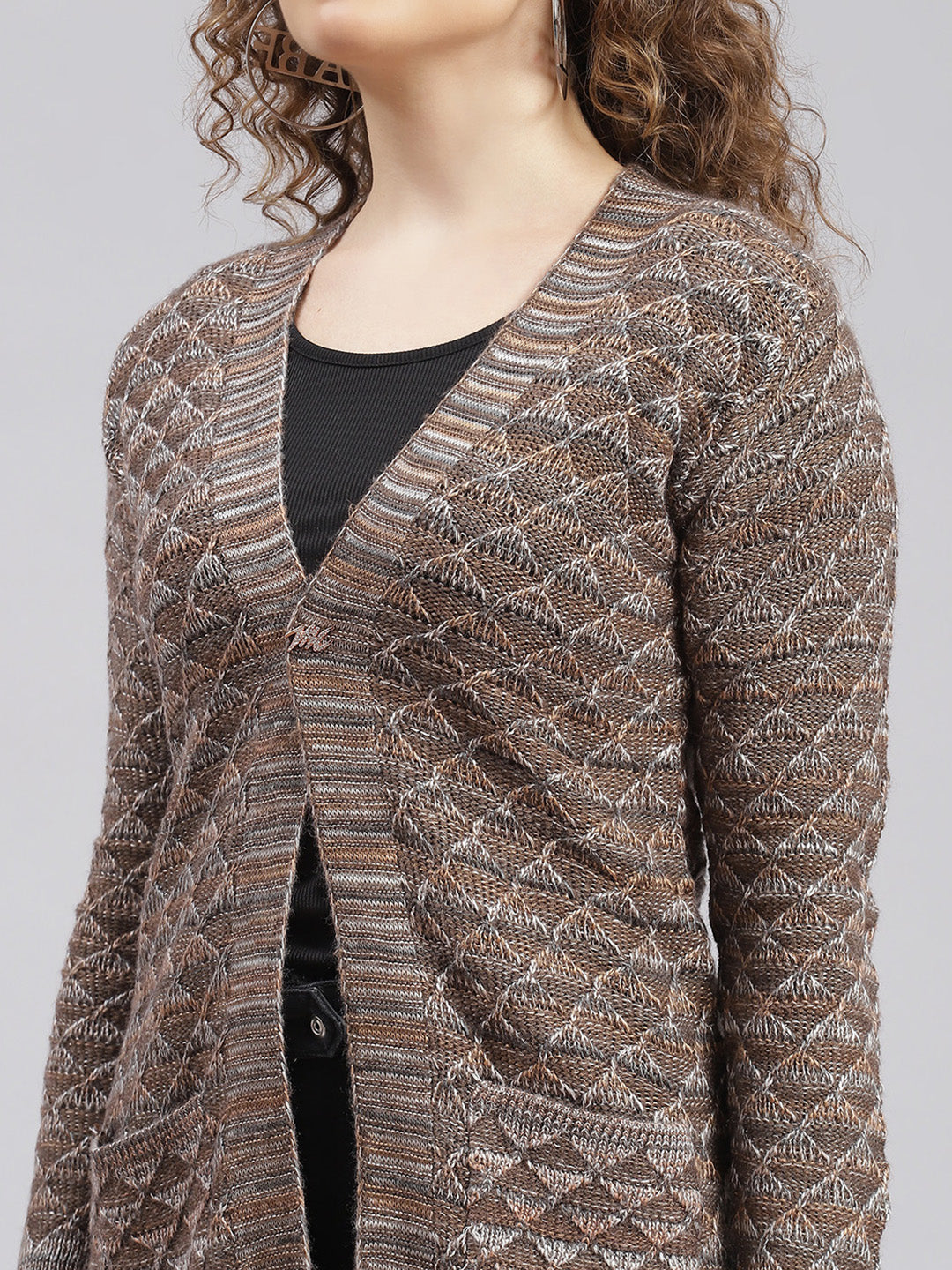 Women Brown Jaquard Wool blend Cardigan