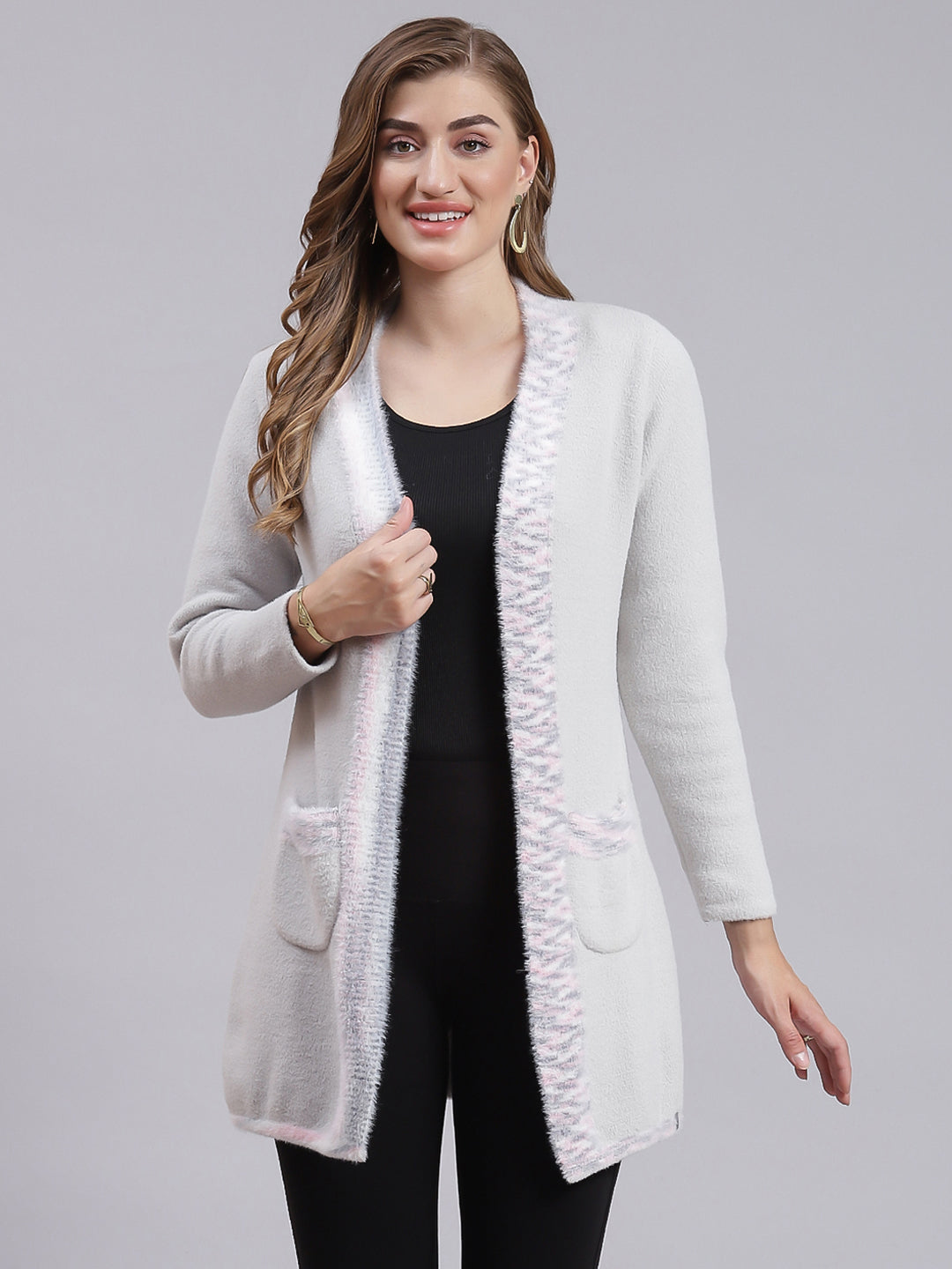 Women Grey Self Design Wool blend Cardigan