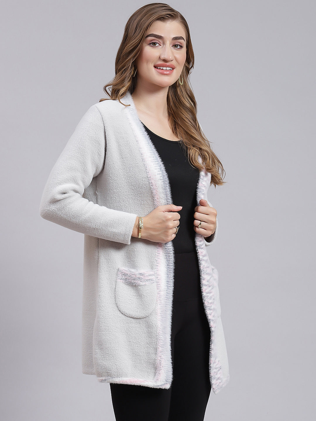 Buy Women Grey Self Design Wool blend Cardigan Online in India - Monte Carlo