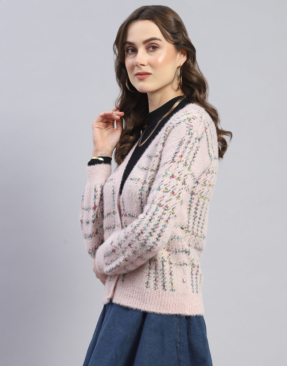 Women Pink Check V Neck Full Sleeve Cardigan