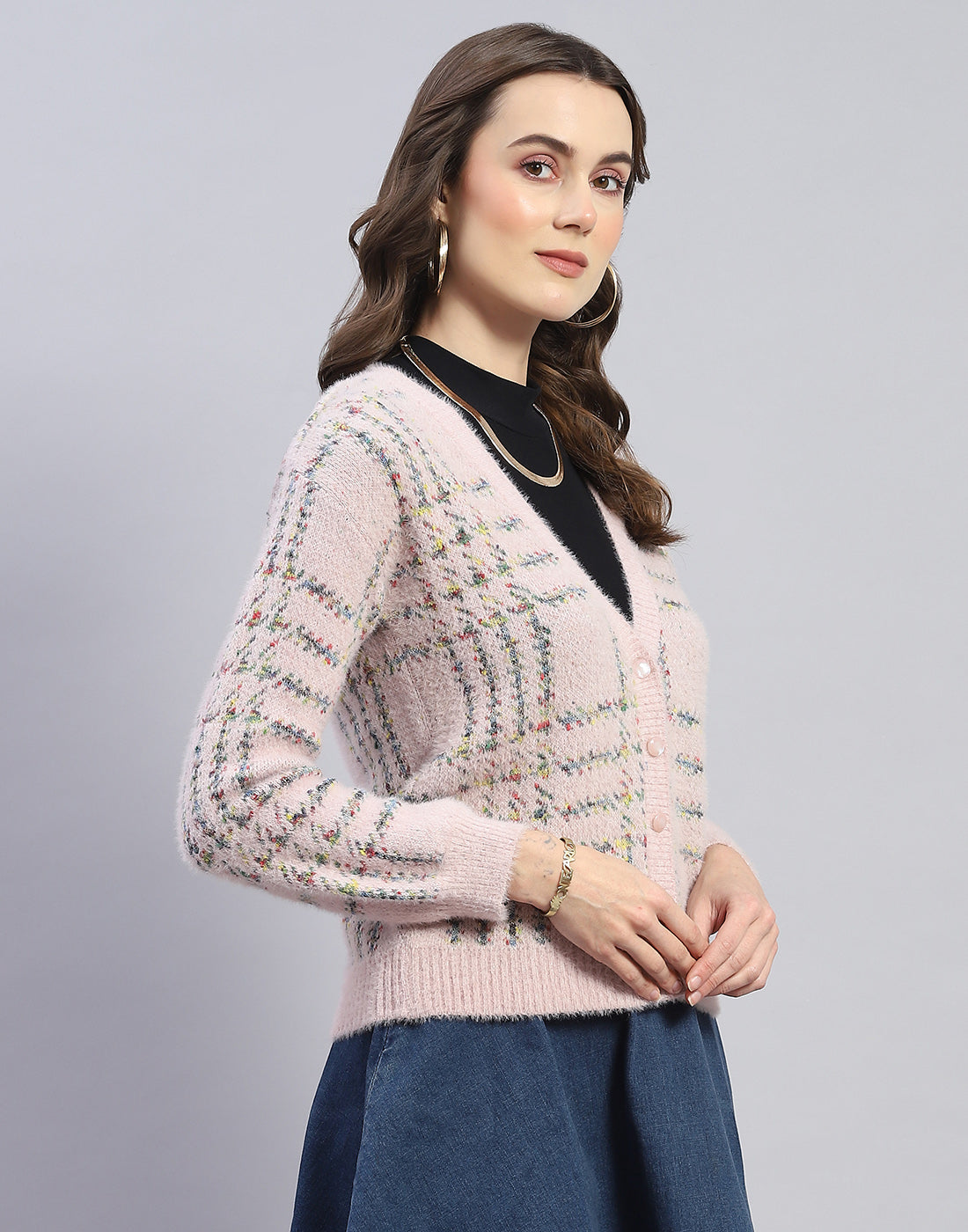 Women Pink Check V Neck Full Sleeve Cardigan