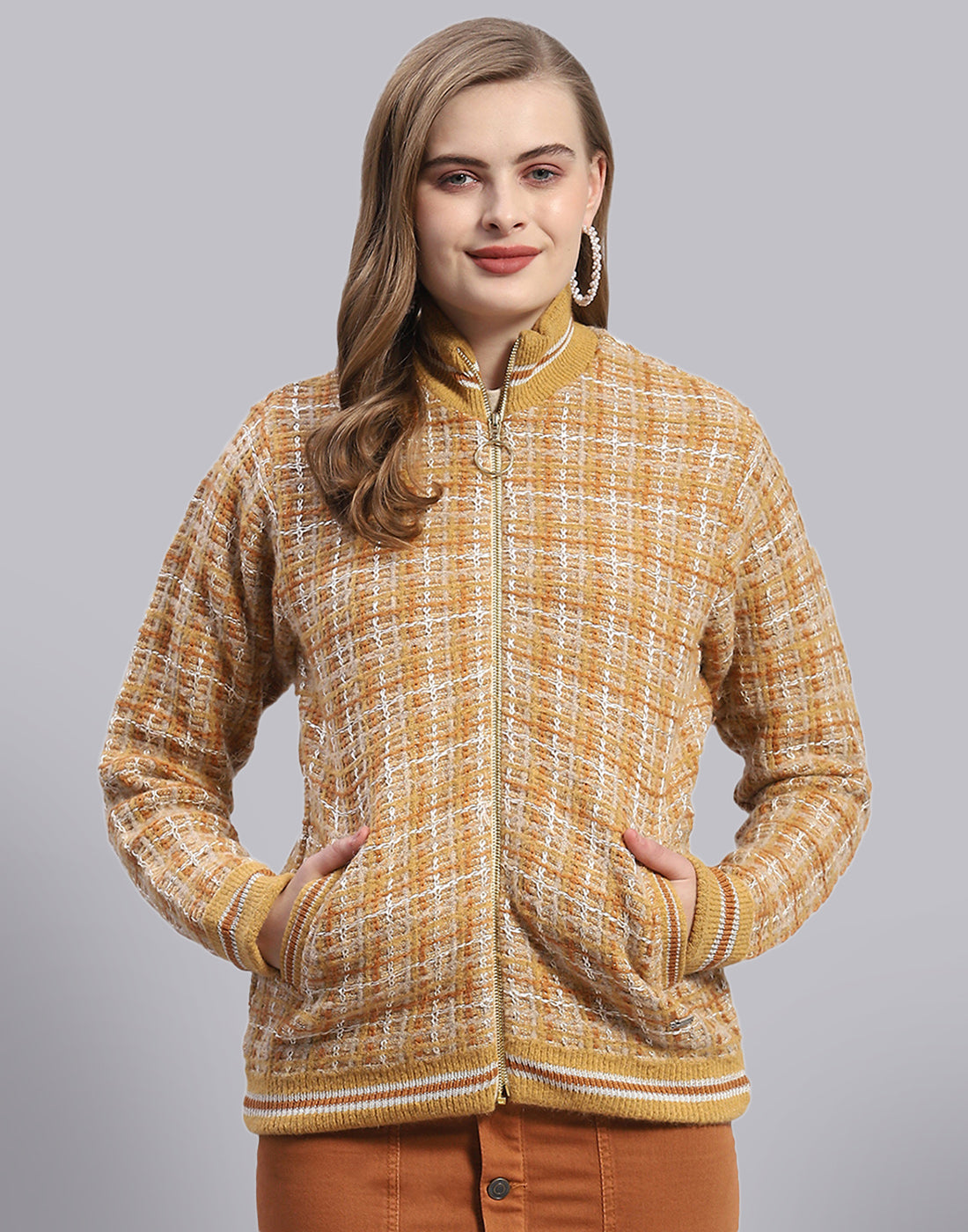 Women Mustard Self Design Stand Collar Full Sleeve Jacket