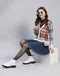 Women Off White Check V Neck Full Sleeve Cardigan