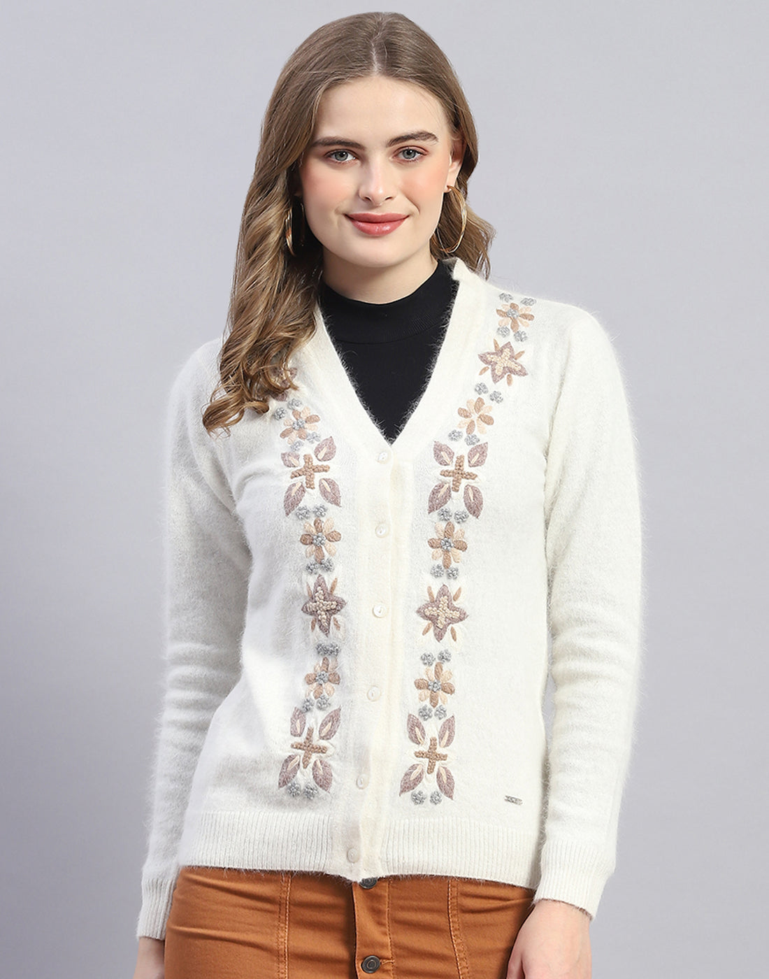 Women Off White Embroidered V Neck Full Sleeve Cardigan