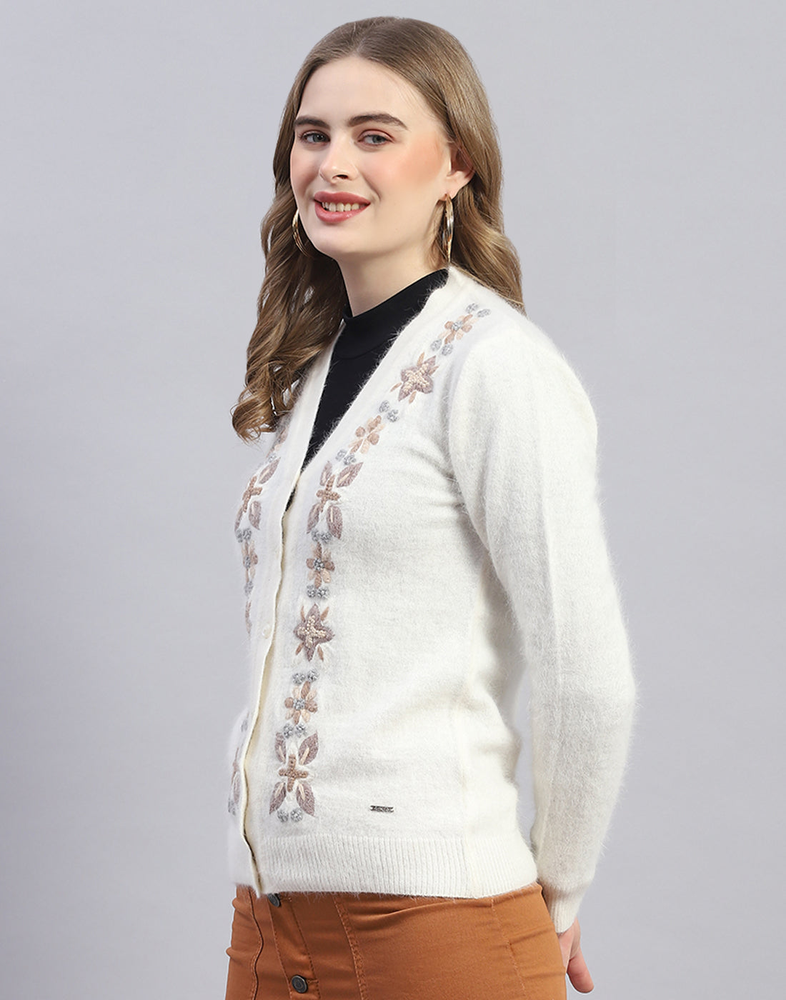 Women Off White Embroidered V Neck Full Sleeve Cardigan