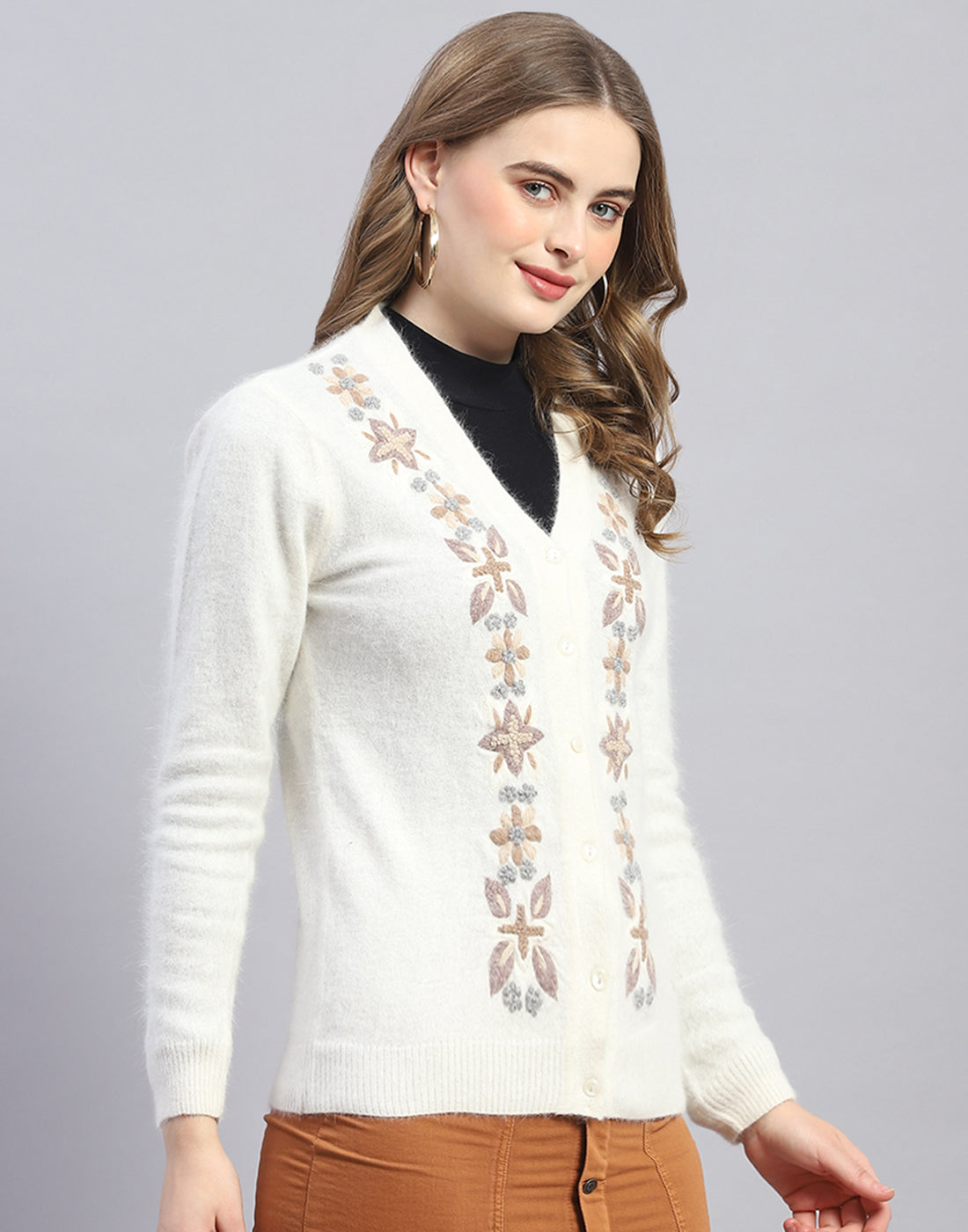 Women Off White Embroidered V Neck Full Sleeve Cardigan