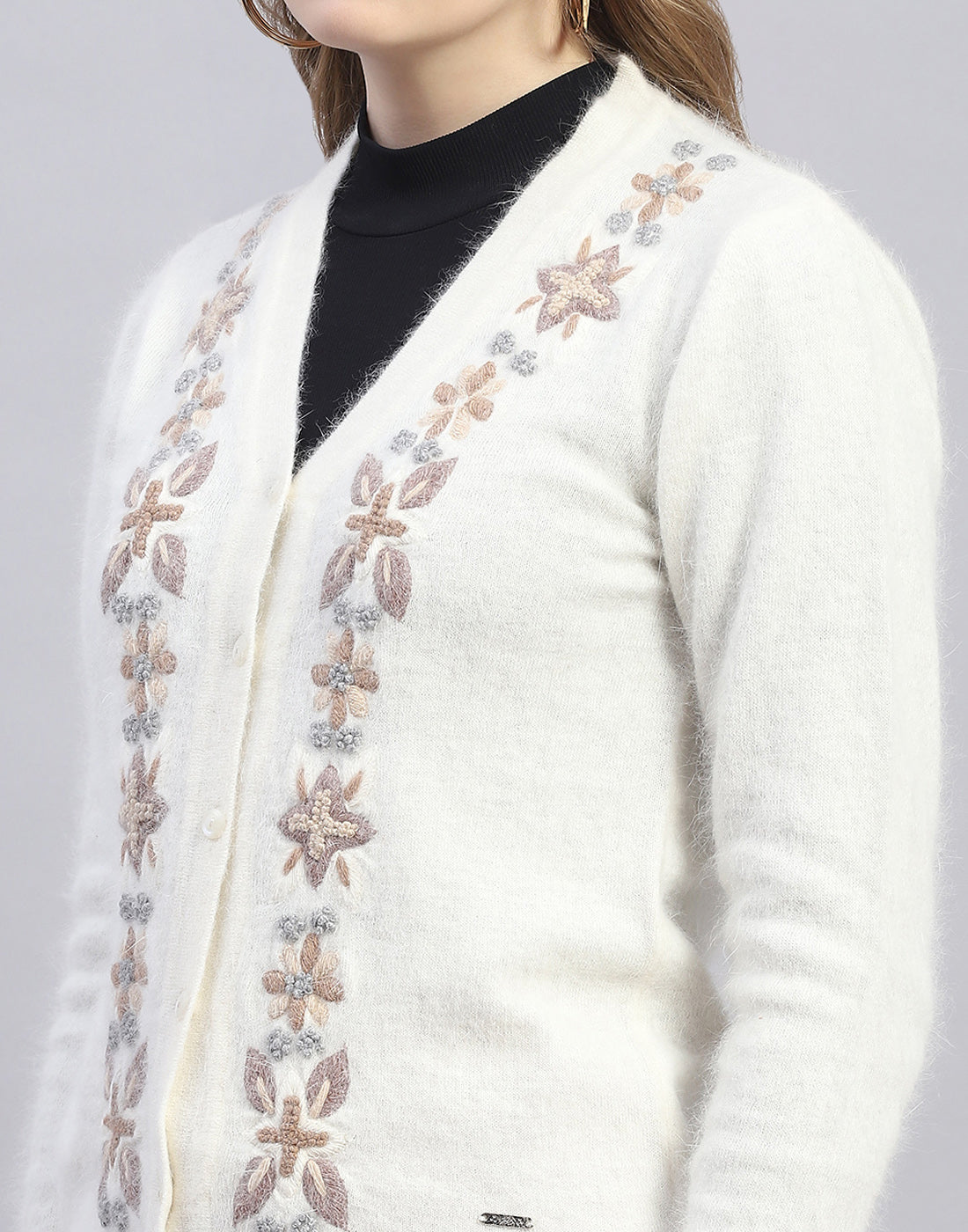 Women Off White Embroidered V Neck Full Sleeve Cardigan