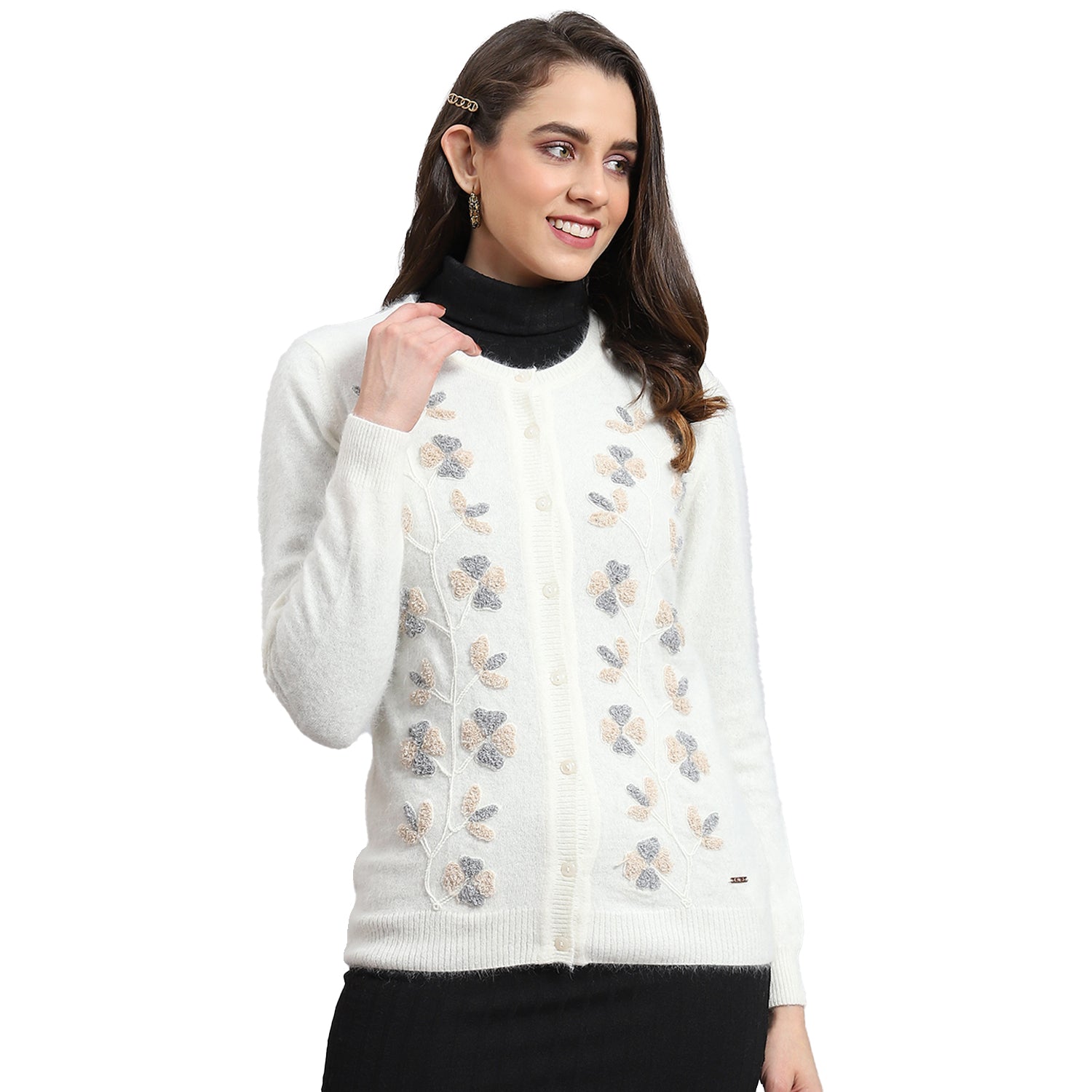 Women White Solid Round Neck Full Sleeve Cardigan