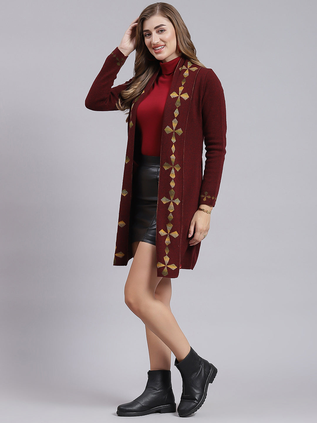 Women Maroon Jaquard Wool blend Cardigan