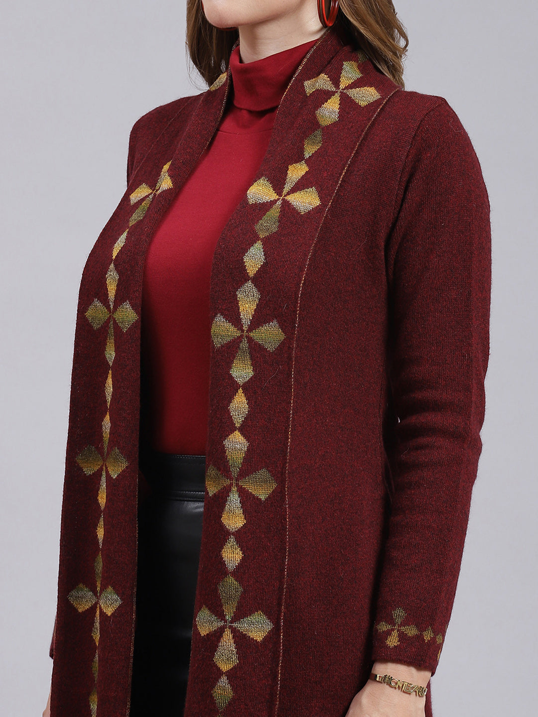 Women Maroon Jaquard Wool blend Cardigan