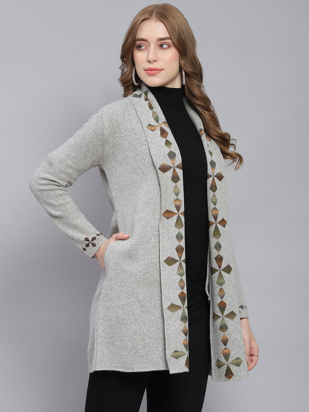 Women Grey Self Design Front Open Full Sleeve Cardigans