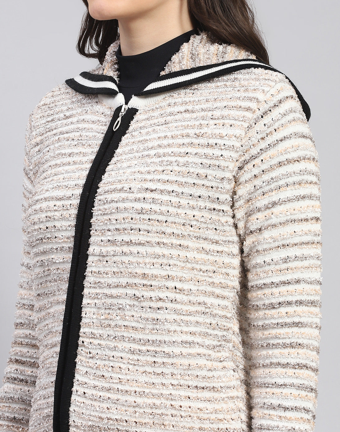 Women Off White Self Design Collar Full Sleeve Cardigan