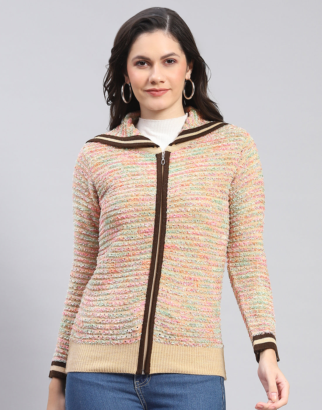 Women Multicolor Self Design Collar Full Sleeve Cardigan