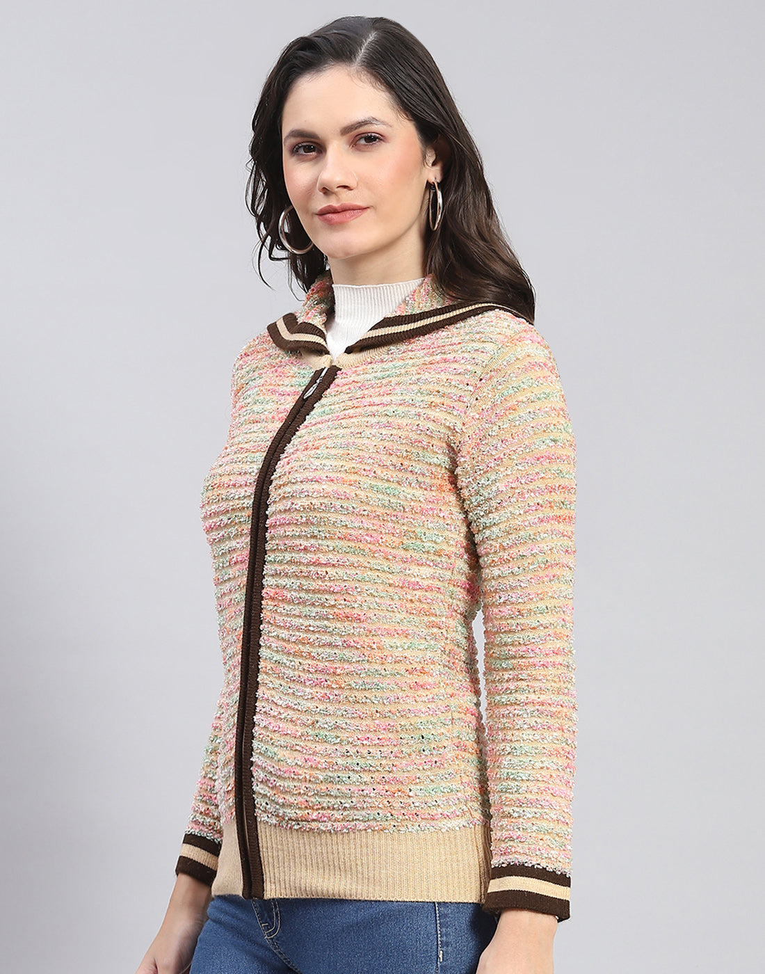 Women Multicolor Self Design Collar Full Sleeve Cardigan