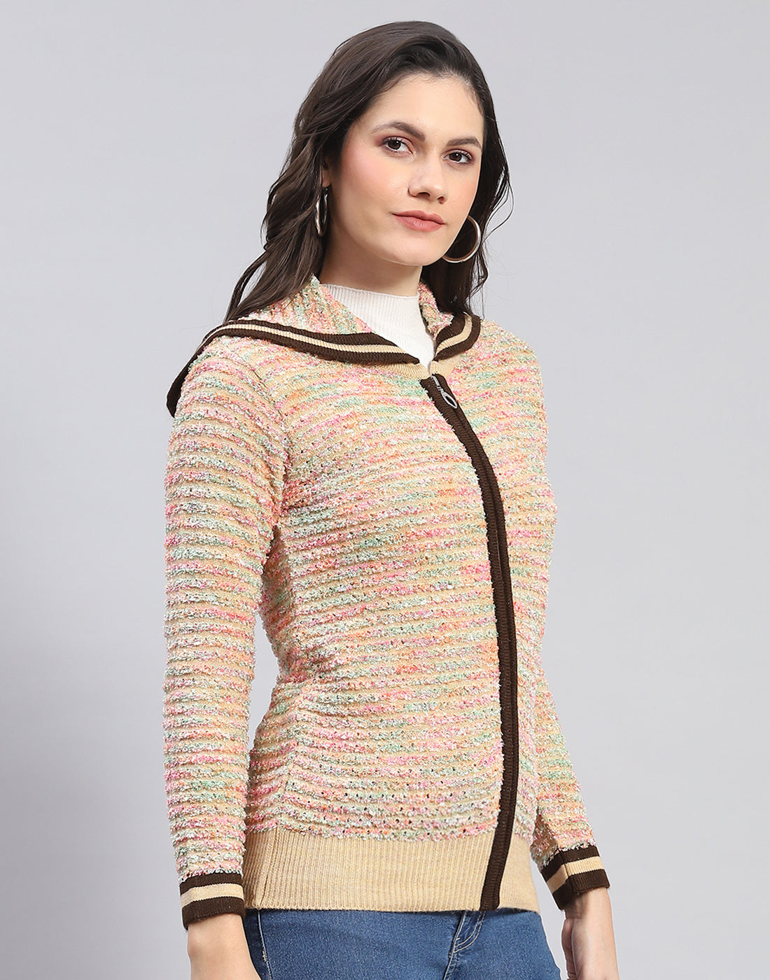 Women Multicolor Self Design Collar Full Sleeve Cardigan