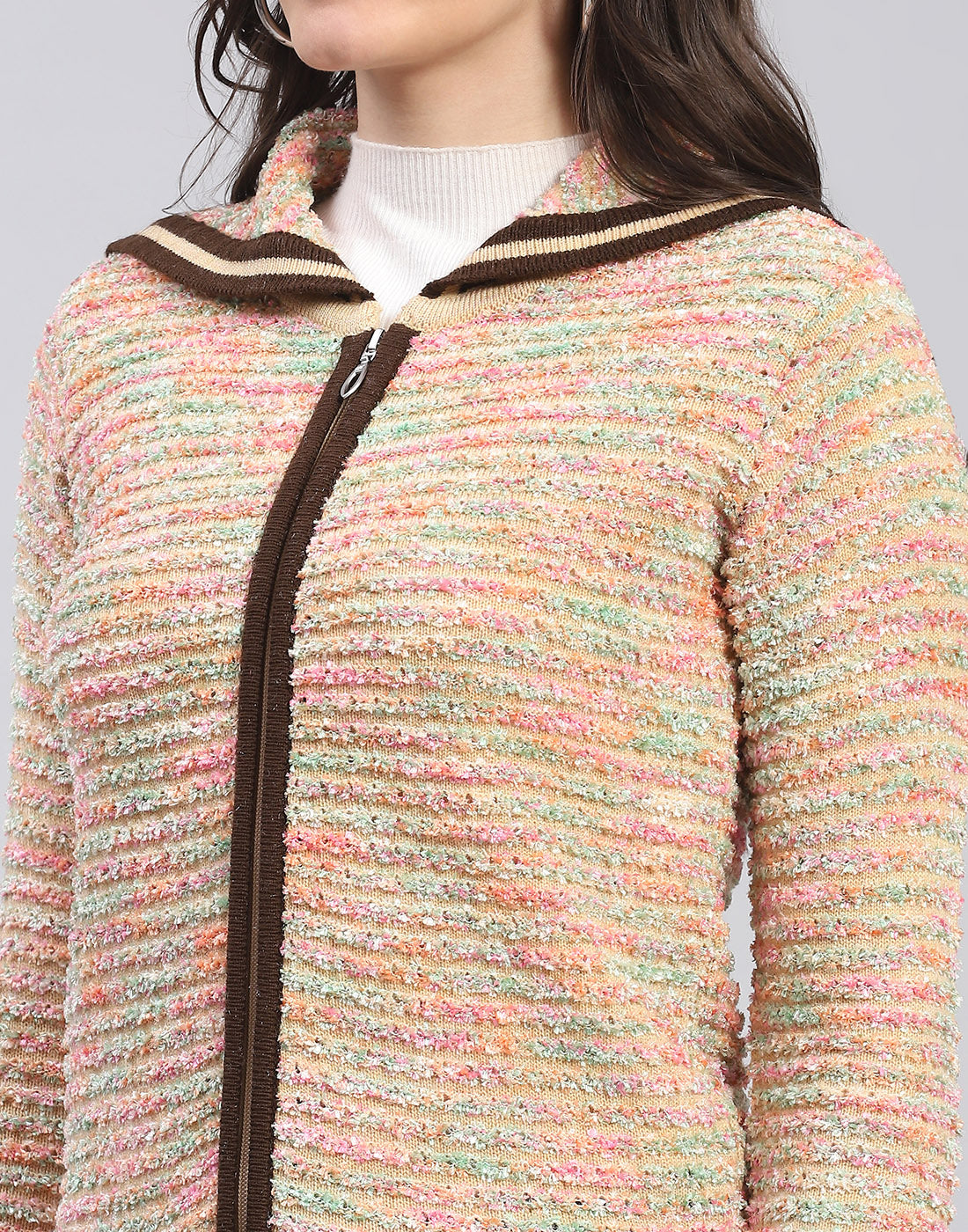 Women Multicolor Self Design Collar Full Sleeve Cardigan