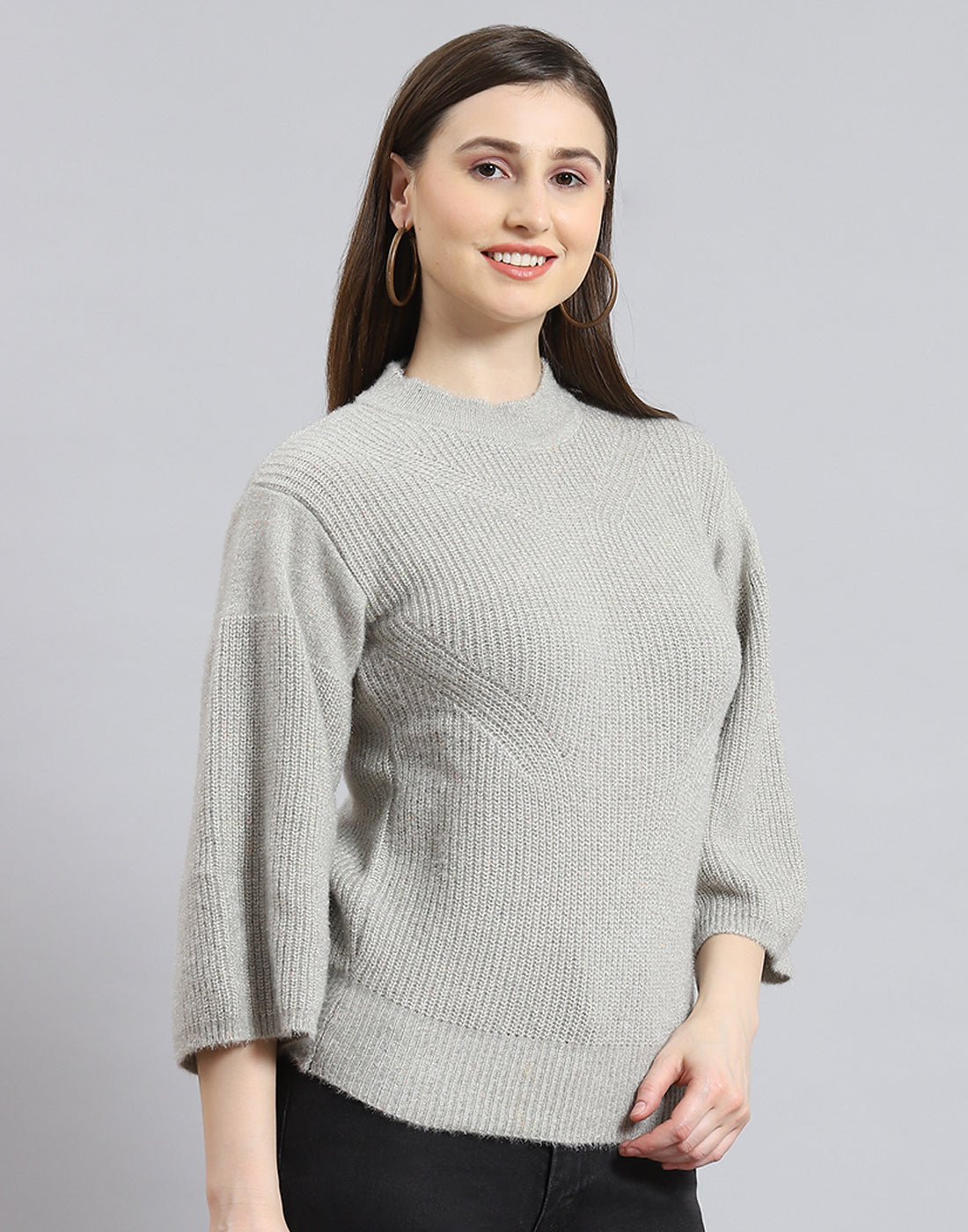 Women Grey Self Design Round Neck 3/4th Sleeve Sweater