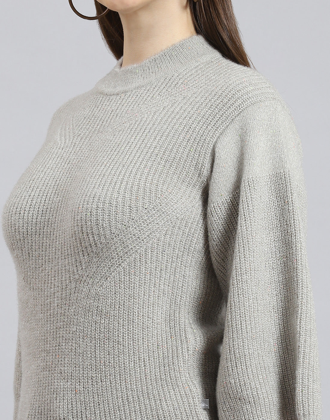 Women Grey Self Design Round Neck 3/4th Sleeve Sweater